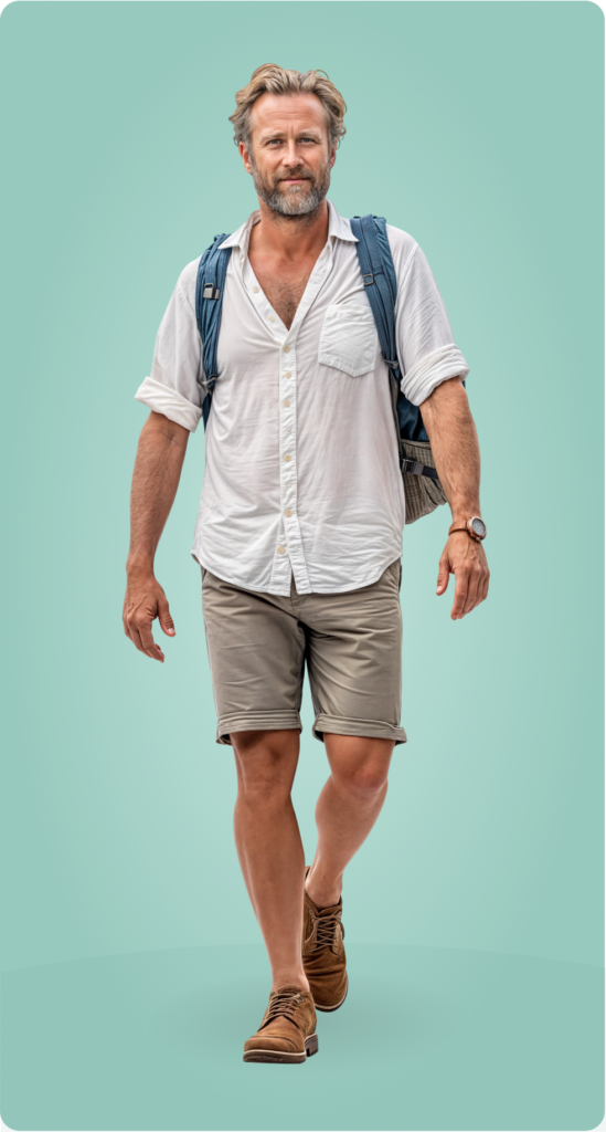 Male backpacker, showing hotspots for chikungunya symptoms.